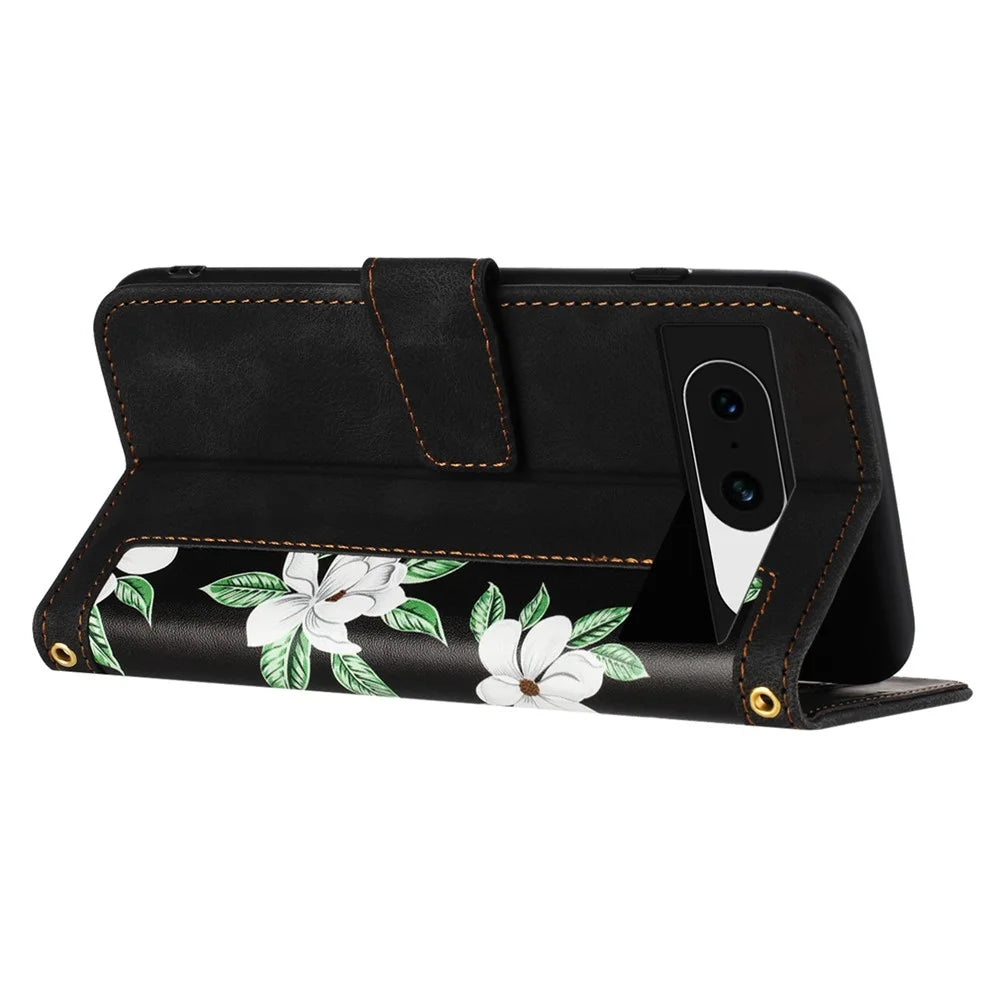 For Google Pixel 8a Phone Case Flower Pattern Stand Cover - Black - 4