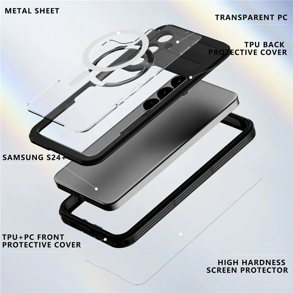REDPEPPER For Samsung Galaxy S24+ Magnetic Phone Case IP68 Waterproof Transparent Back Cover - Black - 6