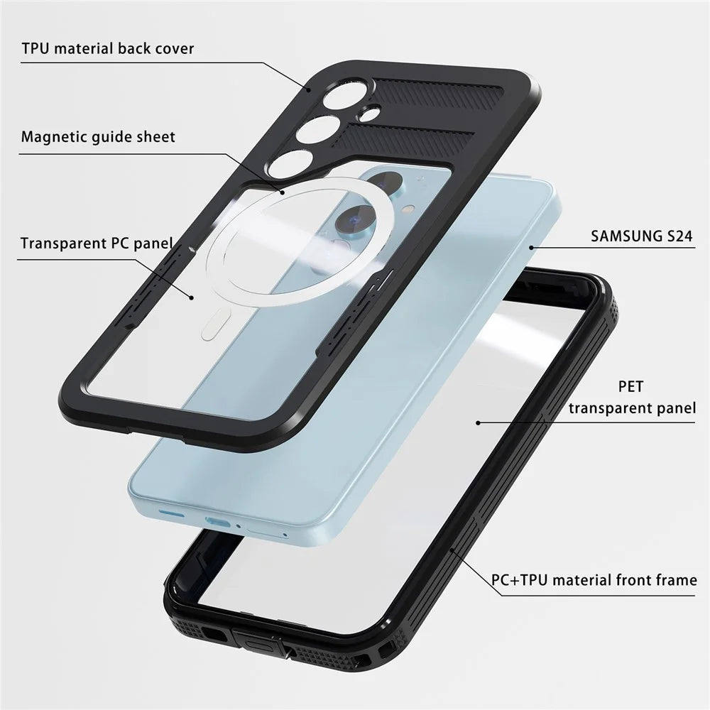 REDPEPPER For Samsung Galaxy S24 IP68 Waterproof Magnetic Case Clear Phone Cover - Black - 6