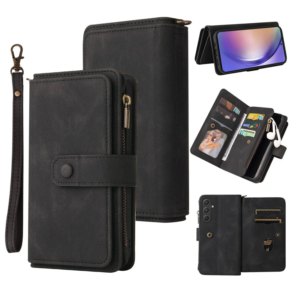 For Samsung Galaxy A55 5G Zipper Wallet Case with 15 Card Slots and Strap Leather Phone Cover - Black - 1