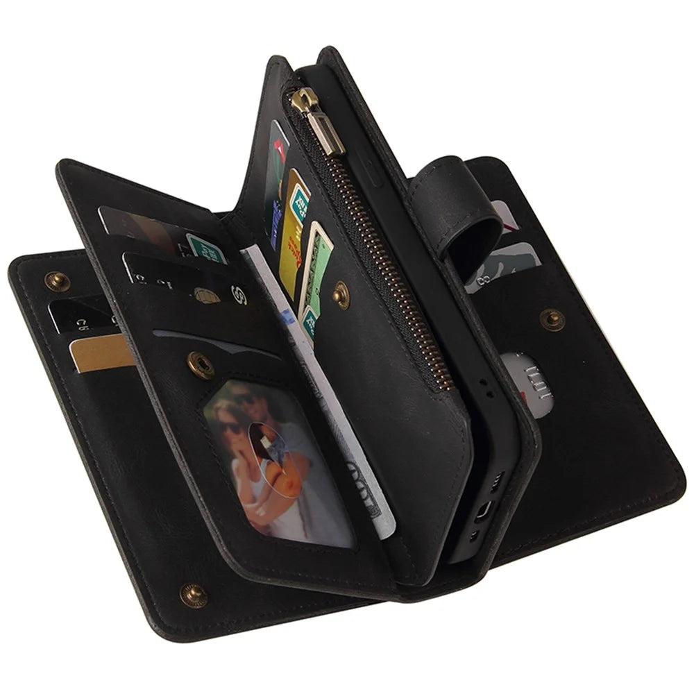 For Samsung Galaxy A55 5G Zipper Wallet Case with 15 Card Slots and Strap Leather Phone Cover - Black - 2