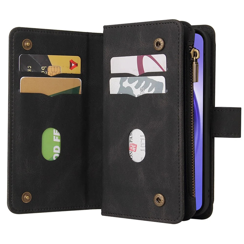 For Samsung Galaxy A55 5G Zipper Wallet Case with 15 Card Slots and Strap Leather Phone Cover - Black - 3