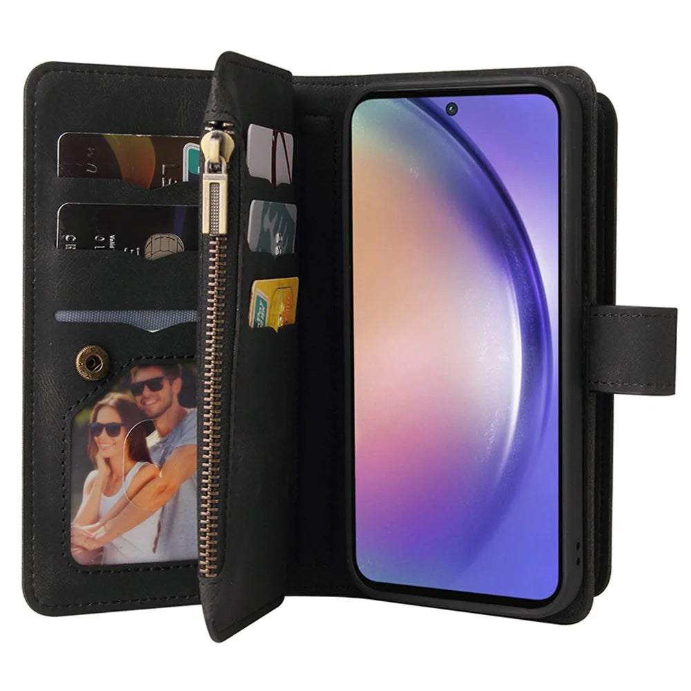For Samsung Galaxy A55 5G Zipper Wallet Case with 15 Card Slots and Strap Leather Phone Cover - Black - 4