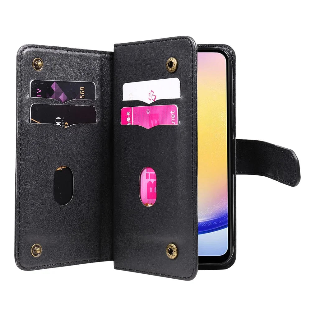 For Samsung Galaxy A25 5G (Global) Leather Case with 10 Card Holder Phone Cover Stand - Black - 2