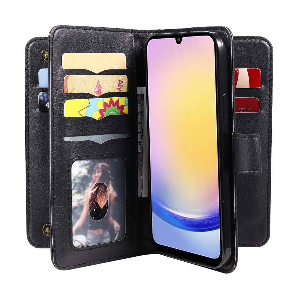For Samsung Galaxy A25 5G (Global) Leather Case with 10 Card Holder Phone Cover Stand - Black - 4