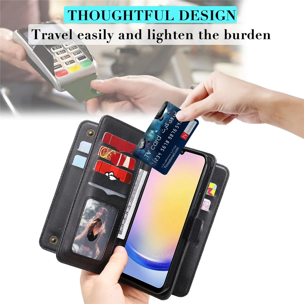 For Samsung Galaxy A25 5G (Global) Leather Case with 10 Card Holder Phone Cover Stand - Black - 7