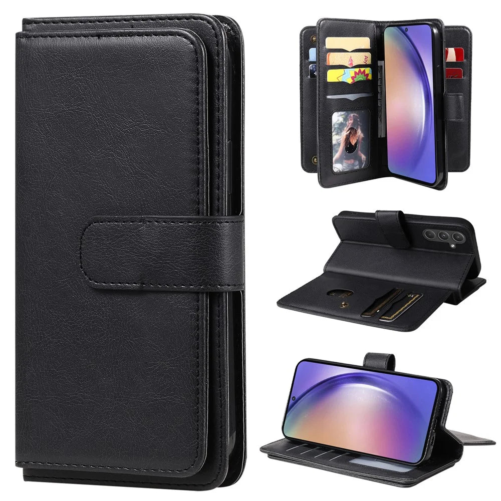 For Samsung Galaxy A55 5G Leather Case with 10 Card Holder Phone Cover Stand - Black - 1