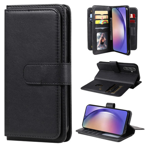For Samsung Galaxy A55 5G Leather Case with 10 Card Holder Phone Cover Stand - Black - 1