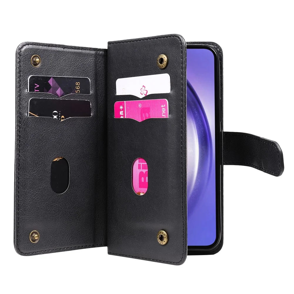 For Samsung Galaxy A55 5G Leather Case with 10 Card Holder Phone Cover Stand - Black - 2