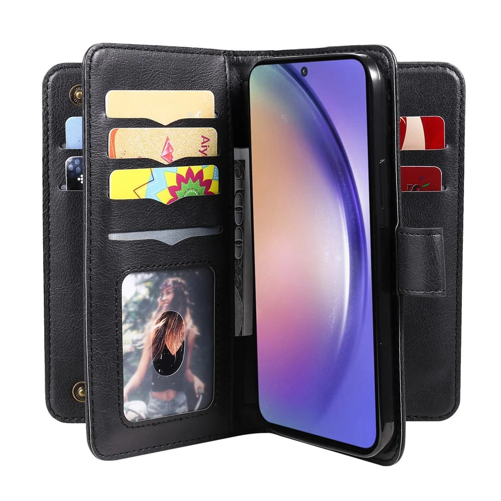 For Samsung Galaxy A55 5G Leather Case with 10 Card Holder Phone Cover Stand - Black - 4