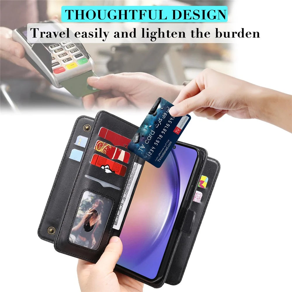 For Samsung Galaxy A55 5G Leather Case with 10 Card Holder Phone Cover Stand - Black - 7