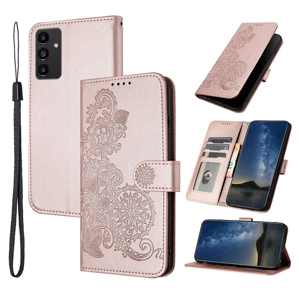 For Samsung Galaxy A15 5G Phone Cases Mandala Flower Leather Wallet Mobile Cover with Strap - Rose Gold - 1