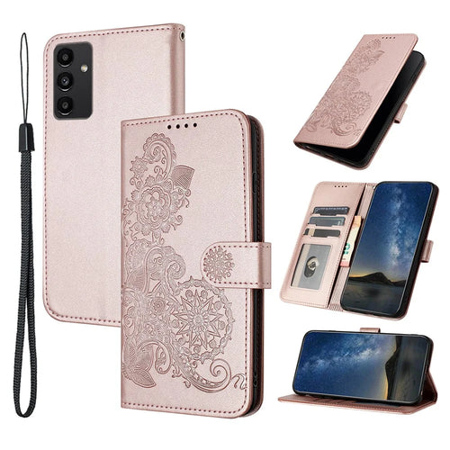 For Samsung Galaxy A15 5G Phone Cases Mandala Flower Leather Wallet Mobile Cover with Strap - Rose Gold - 1