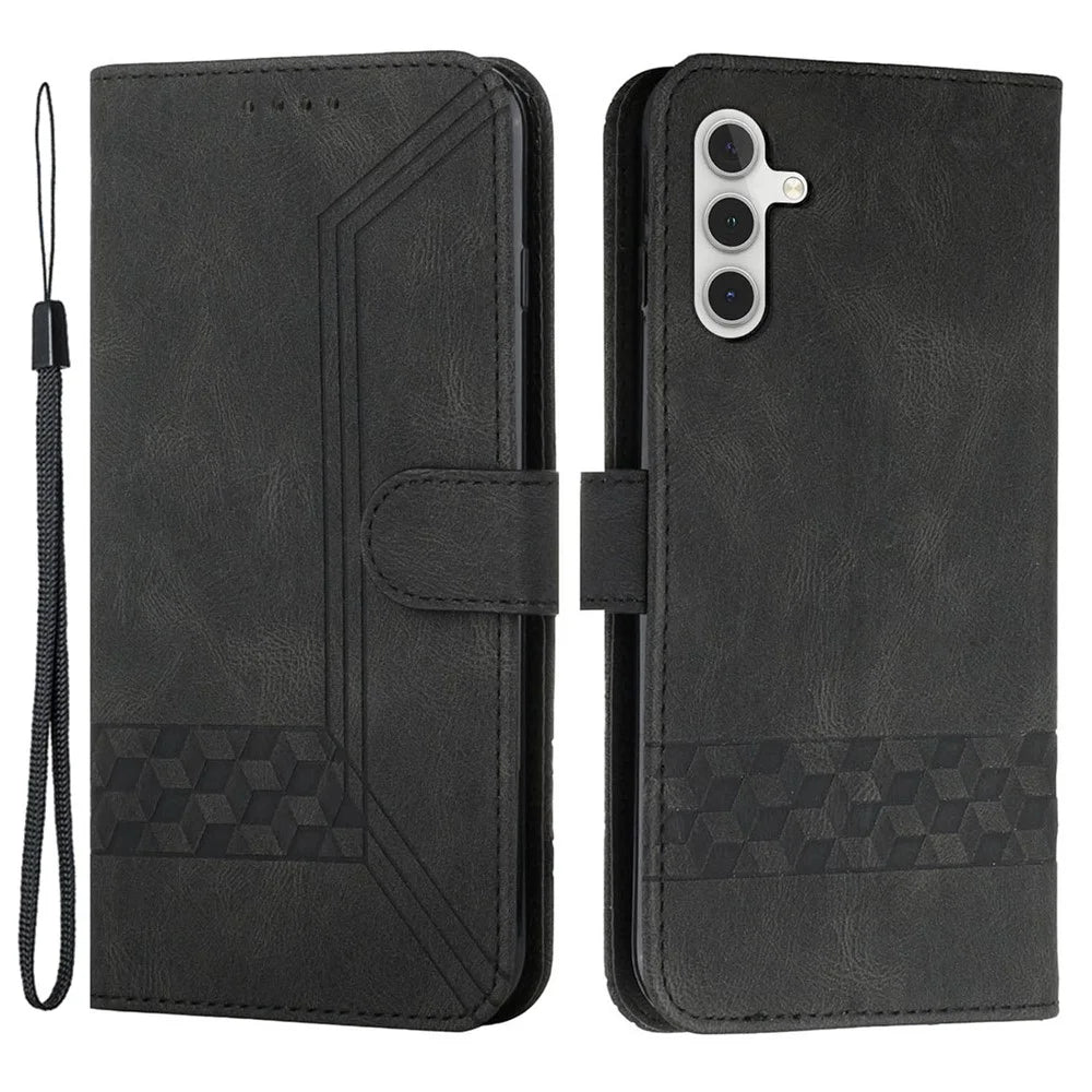 For Samsung Galaxy A15 5G Phone Case with Strap Imprint PU Leather Wallet Stand Cover - Black - 1