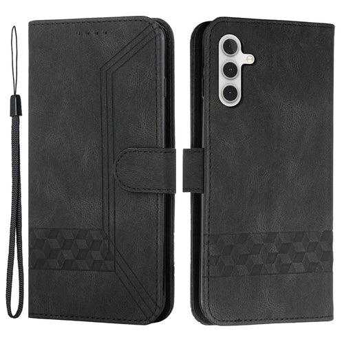 For Samsung Galaxy A15 5G Phone Case with Strap Imprint PU Leather Wallet Stand Cover - Black - 1