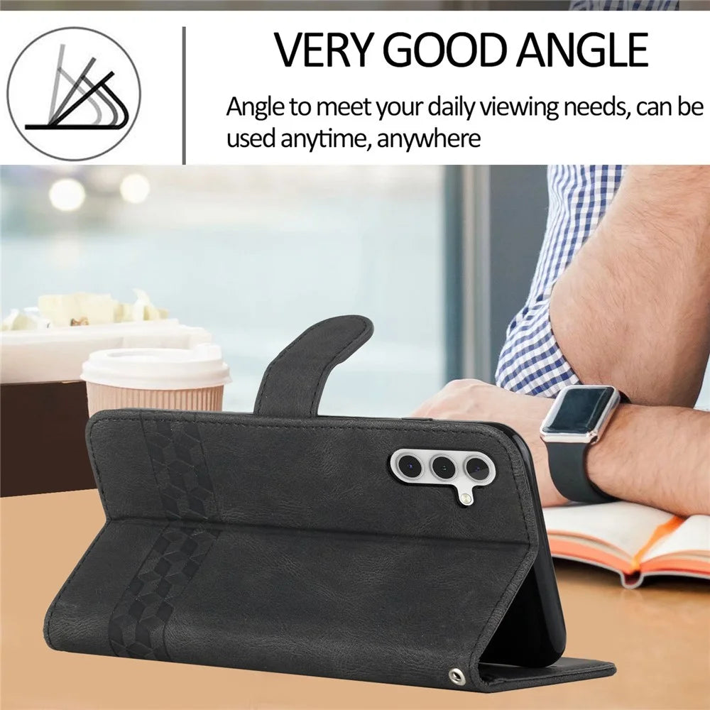For Samsung Galaxy A15 5G Phone Case with Strap Imprint PU Leather Wallet Stand Cover - Black - 4