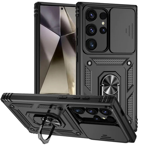 For Samsung Galaxy S24 Ultra Case Kickstand Phone Cover with Slide Lens Protection - Black - 1