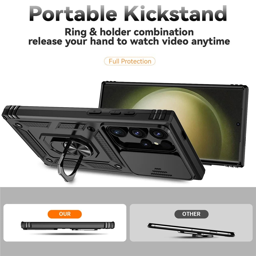 For Samsung Galaxy S24 Ultra Case Kickstand Phone Cover with Slide Lens Protection - Black - 2