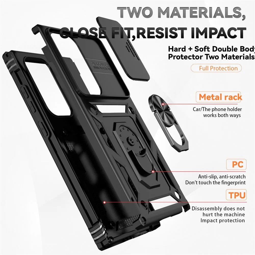For Samsung Galaxy S24 Ultra Case Kickstand Phone Cover with Slide Lens Protection - Black - 4
