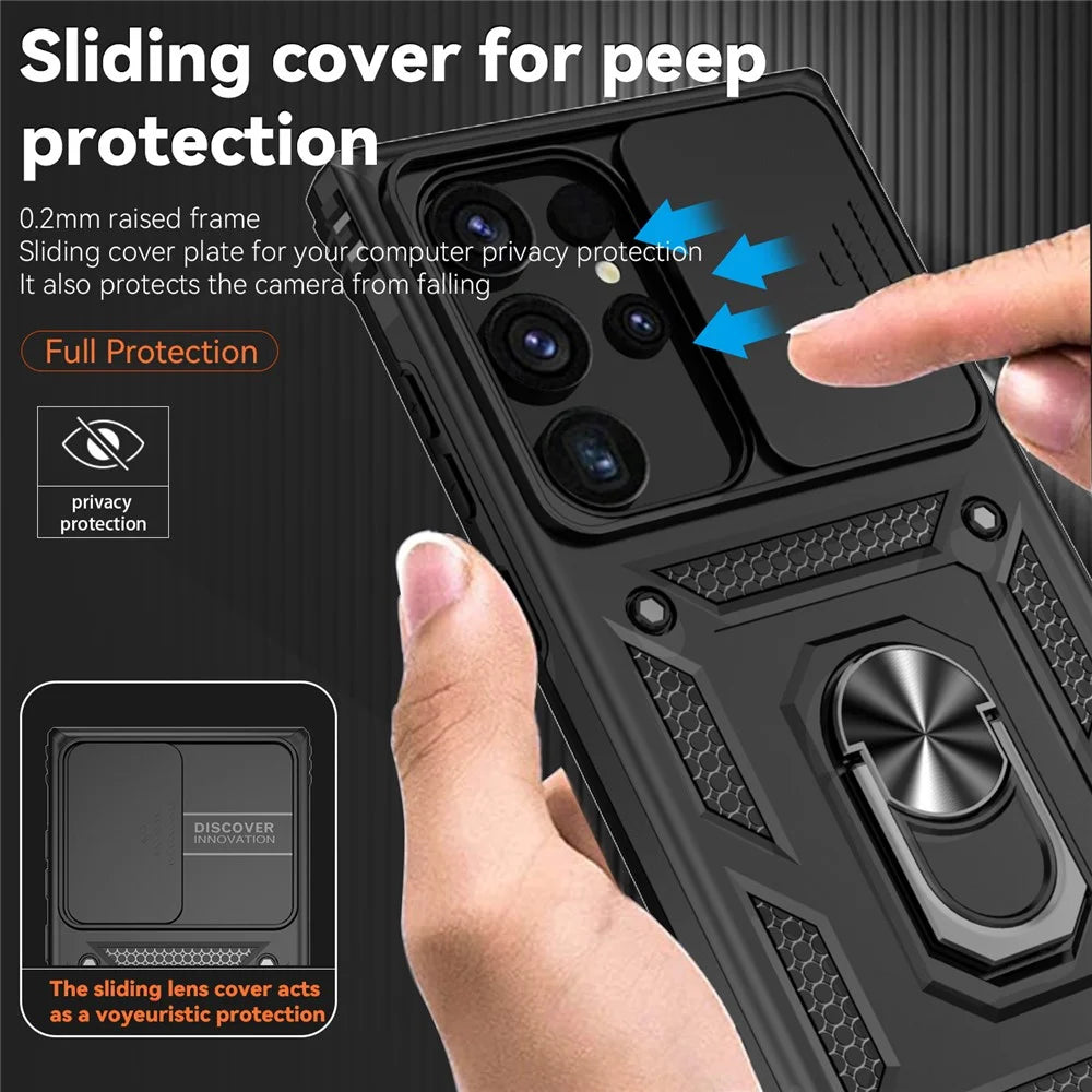 For Samsung Galaxy S24 Ultra Case Kickstand Phone Cover with Slide Lens Protection - Black - 5