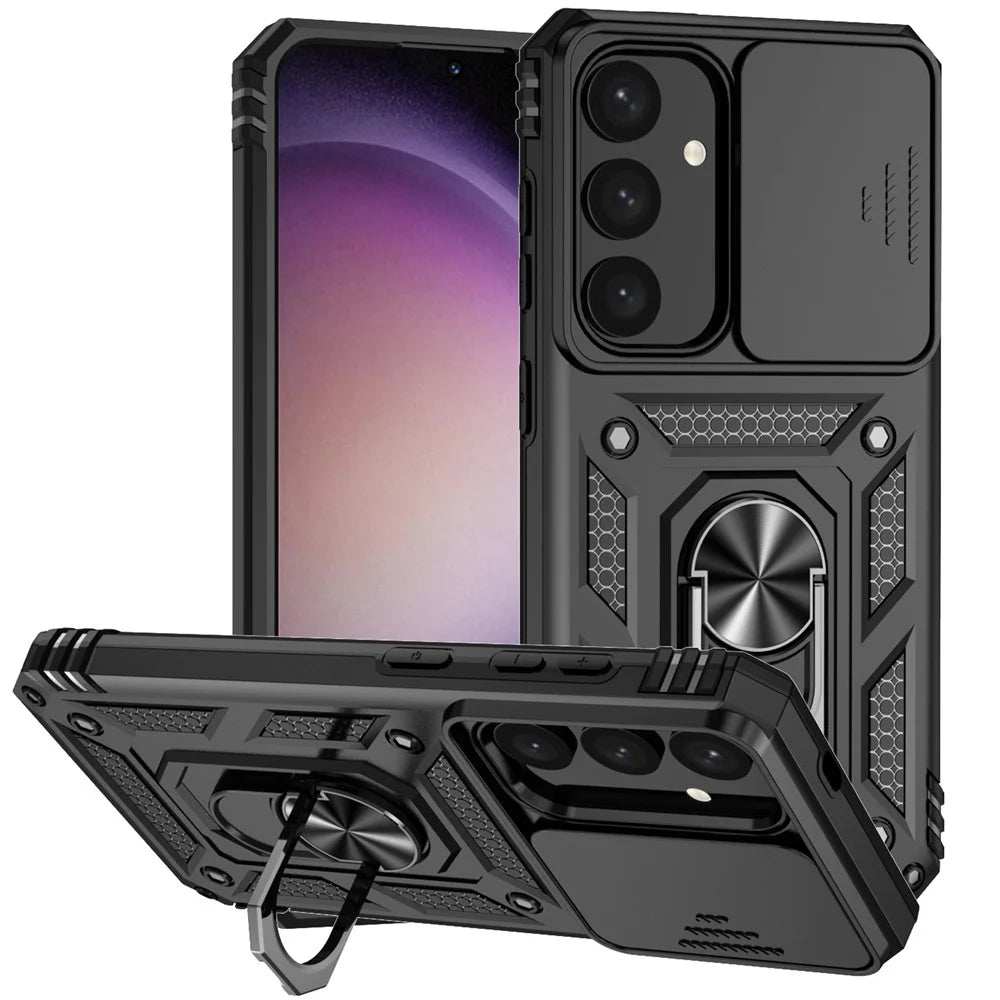 For Samsung Galaxy S24 Case with Camera Slide Protector Kickstand PC+TPU Phone Cover - Black - 1