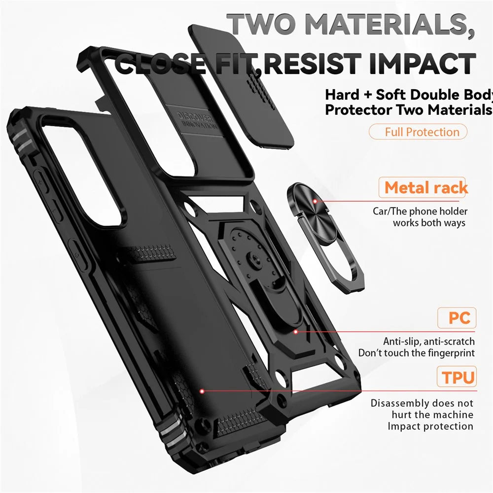 For Samsung Galaxy S24 Case with Camera Slide Protector Kickstand PC+TPU Phone Cover - Black - 4