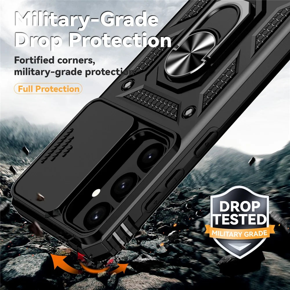 For Samsung Galaxy S24 Case with Camera Slide Protector Kickstand PC+TPU Phone Cover - Black - 7