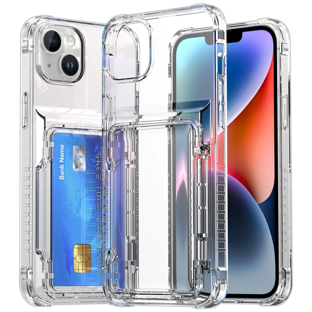 For iPhone 14 Phone Case Card Holder PC+TPU Cover Ultra Transparent - Transparent - 2