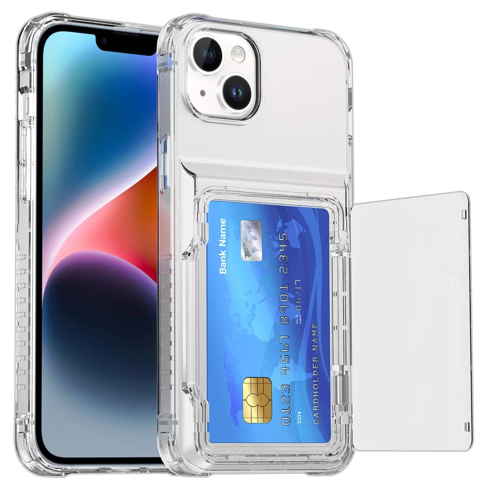 For iPhone 14 Phone Case Card Holder PC+TPU Cover Ultra Transparent - Transparent - 3