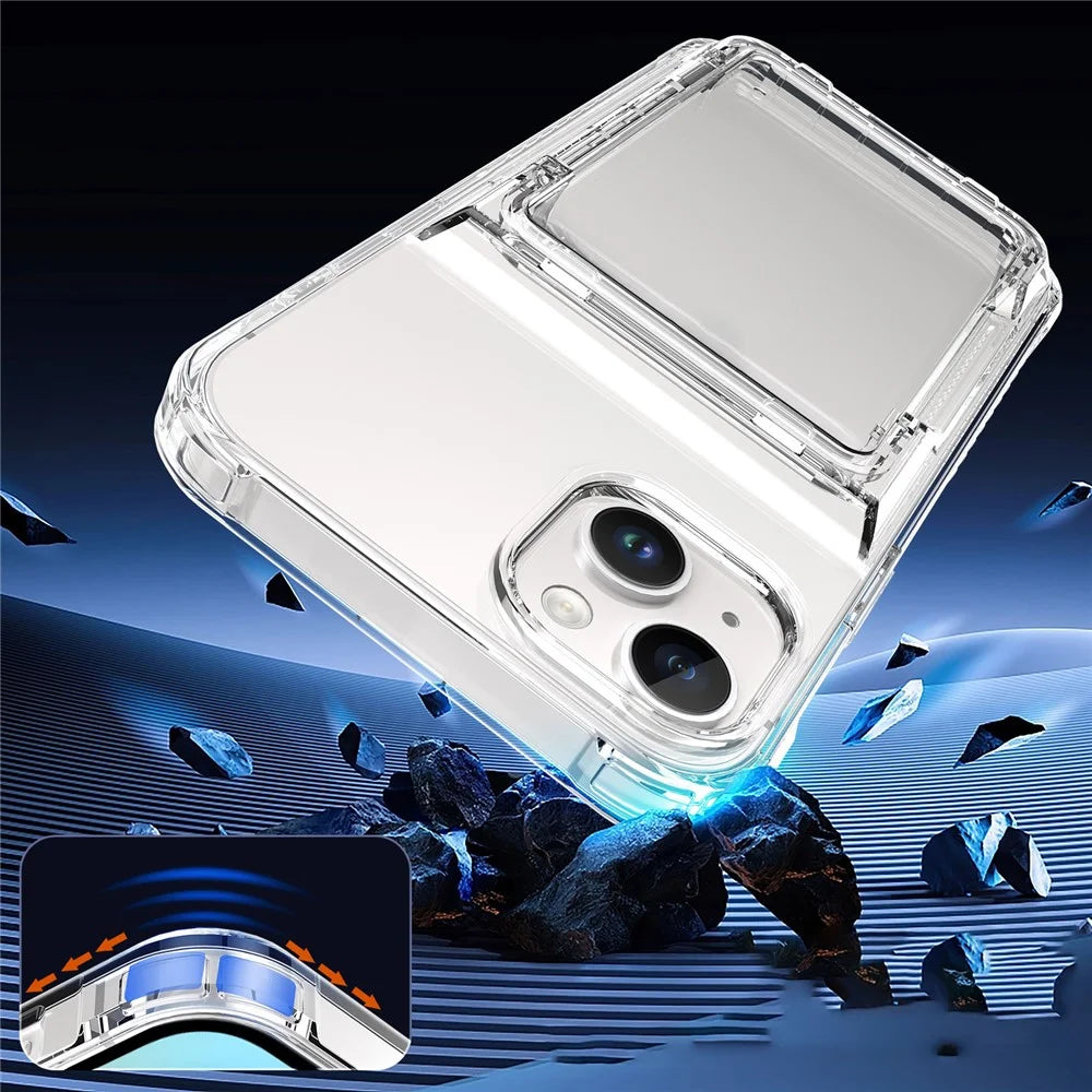 For iPhone 14 Phone Case Card Holder PC+TPU Cover Ultra Transparent - Transparent - 5