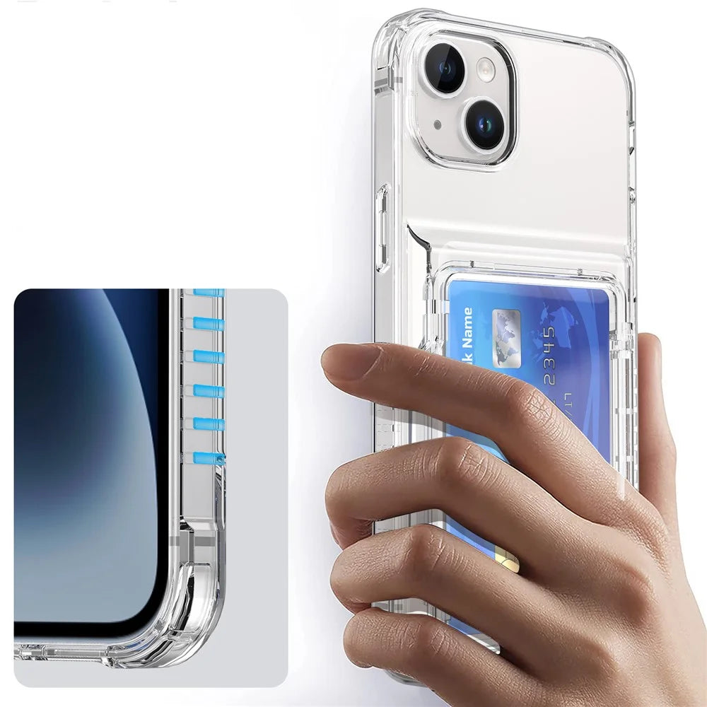 For iPhone 14 Phone Case Card Holder PC+TPU Cover Ultra Transparent - Transparent - 6
