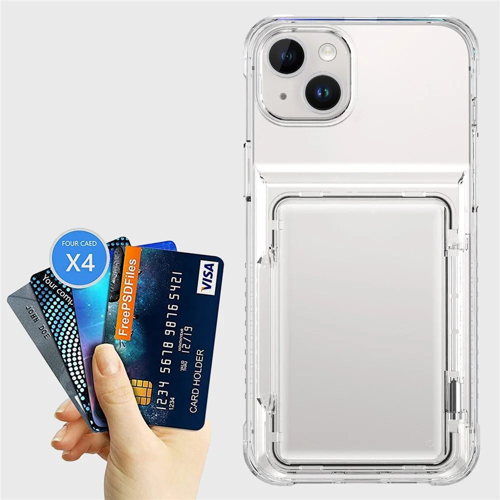 For iPhone 14 Phone Case Card Holder PC+TPU Cover Ultra Transparent - Transparent - 7