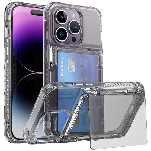 For iPhone 14 Pro Max Clear Case PC+TPU Kickstand Cover Card Slot - Transparent Black - 1