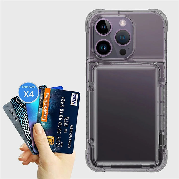 For iPhone 14 Pro Max Clear Case PC+TPU Kickstand Cover Card Slot - Transparent Black - 4