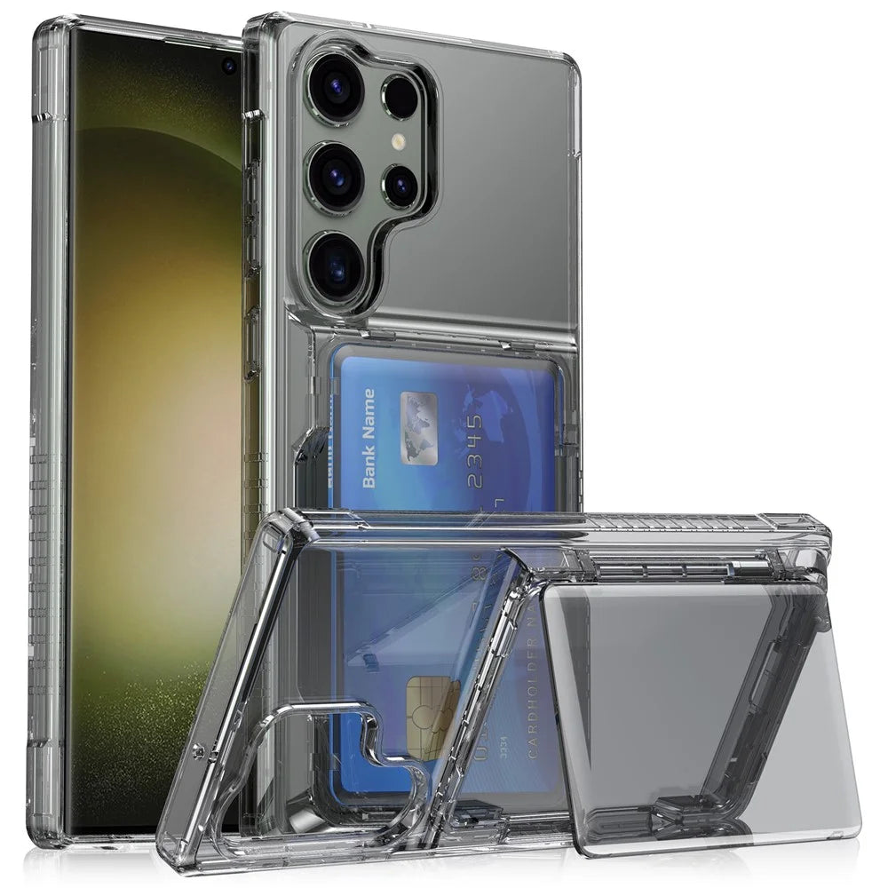 For Samsung Galaxy S24 Ultra Phone Case with Card Holder Kickstand - Transparent Black - 1