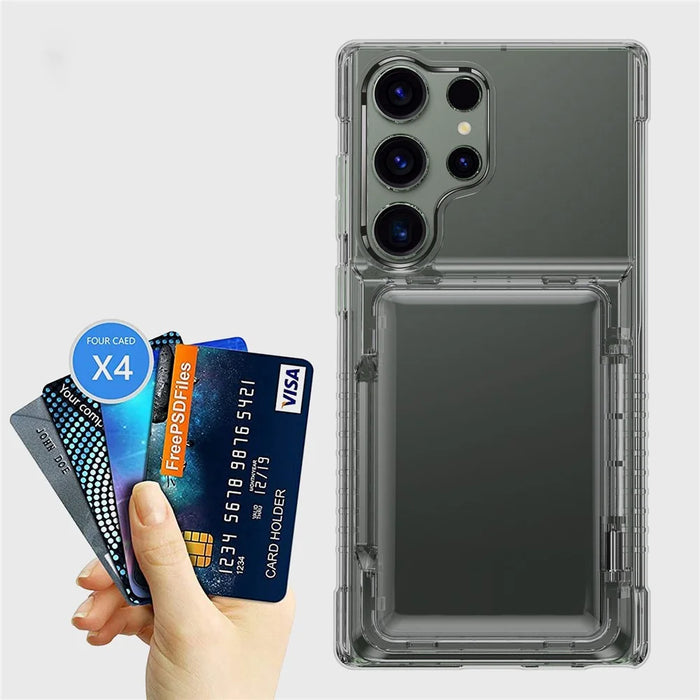 For Samsung Galaxy S24 Ultra Phone Case with Card Holder Kickstand - Transparent Black - 4