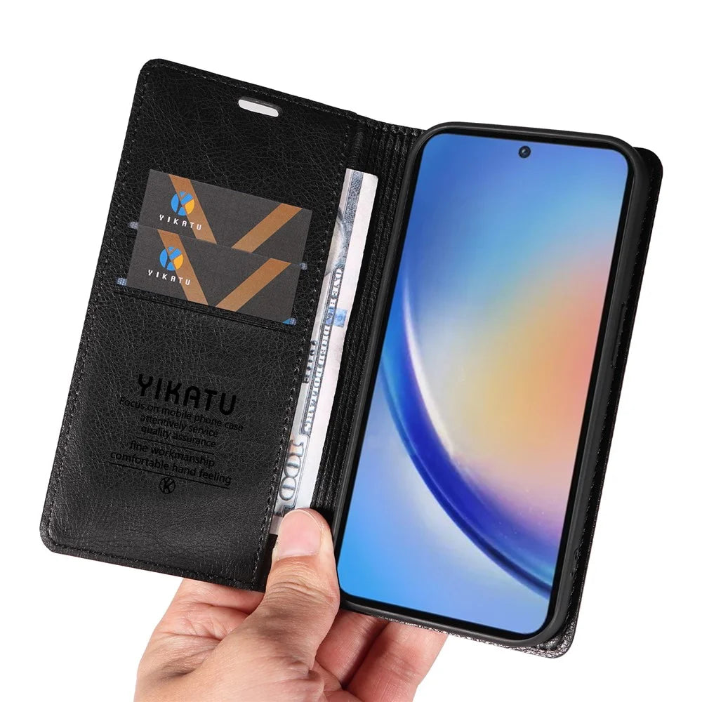 YIKATU YK-006 For Samsung Galaxy A35 5G Cell Phone Case Drop Resistant PU Leather+TPU Wallet Cover - Black - 5