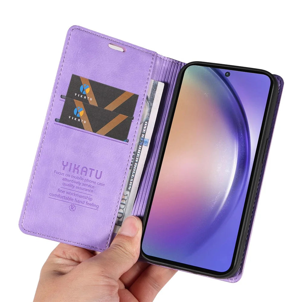 YIKATU YK-006 For Samsung Galaxy A55 5G Case Magnetic Closing PU Leather+TPU Wallet Stand Cover - Purple - 5