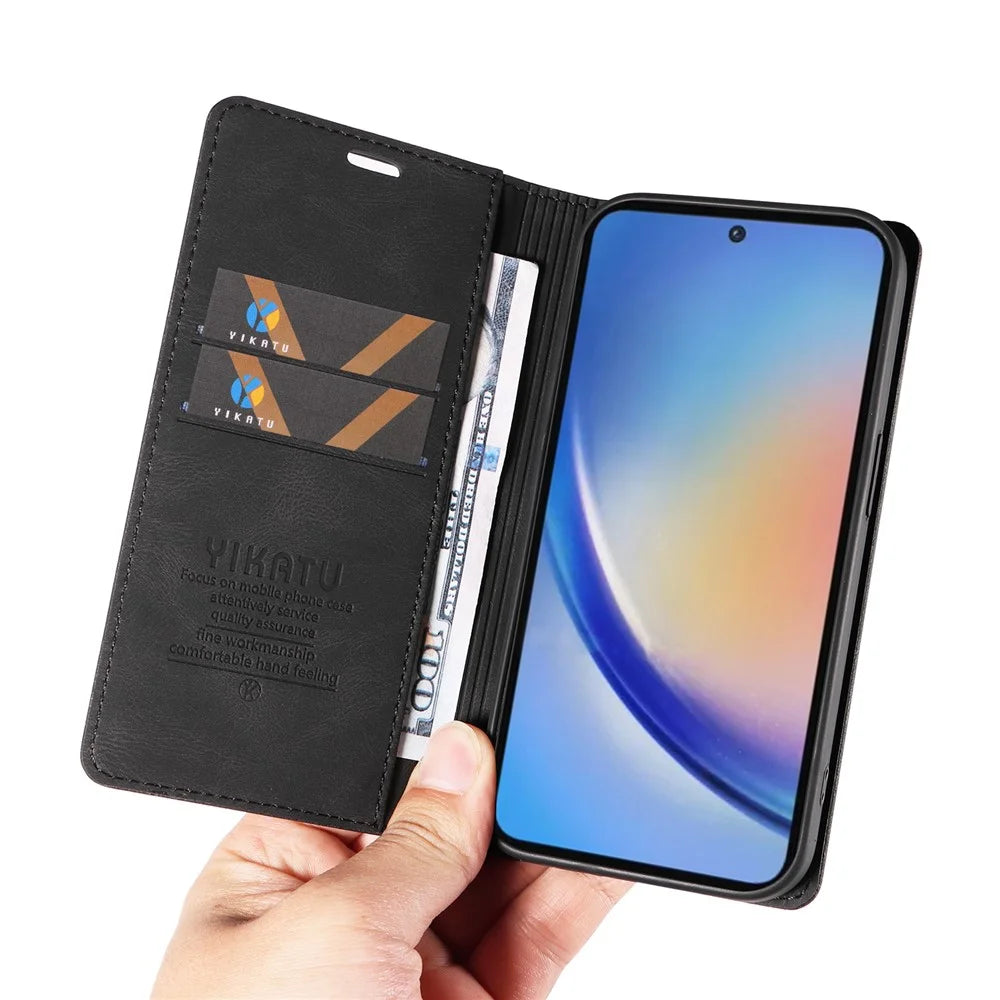 YIKATU YK-004 For Samsung Galaxy A35 5G Strong Magnetic Case PU Leather Wallet Cover - Black - 5