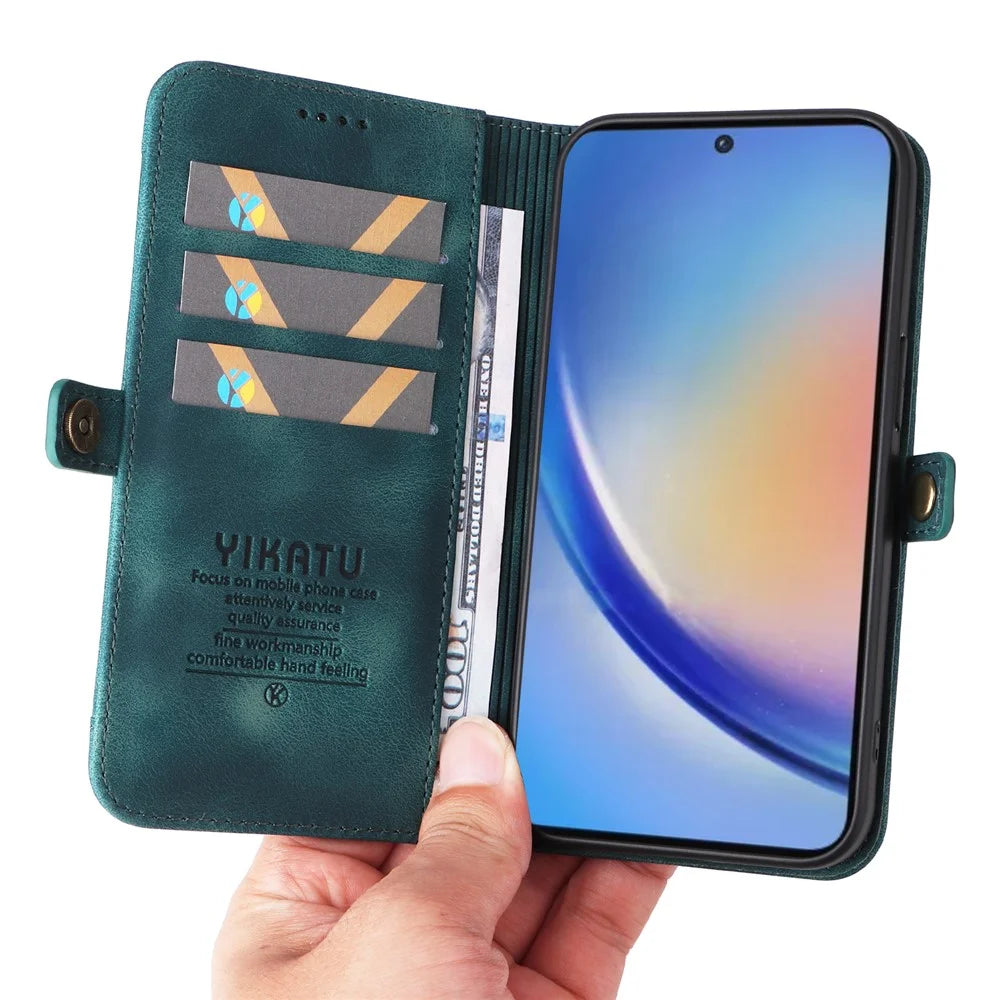 YIKATU YK-002 For Samsung Galaxy A35 5G Wallet Case PU Leather Flip Stand Phone Cover with Outer Card Slot - Green - 6