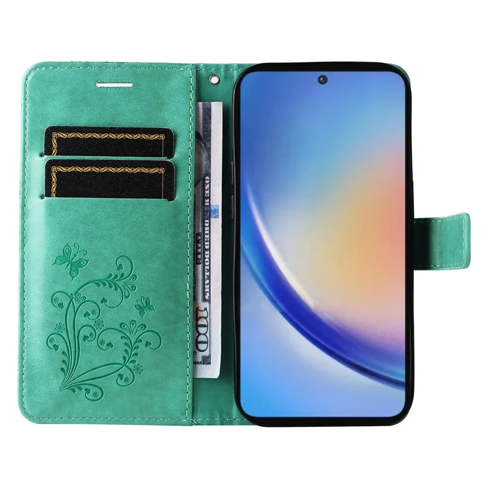 For Samsung Galaxy A35 5G Wallet Case Floral Butterfly Imprinted Leather Phone Cover Stand - Green - 2