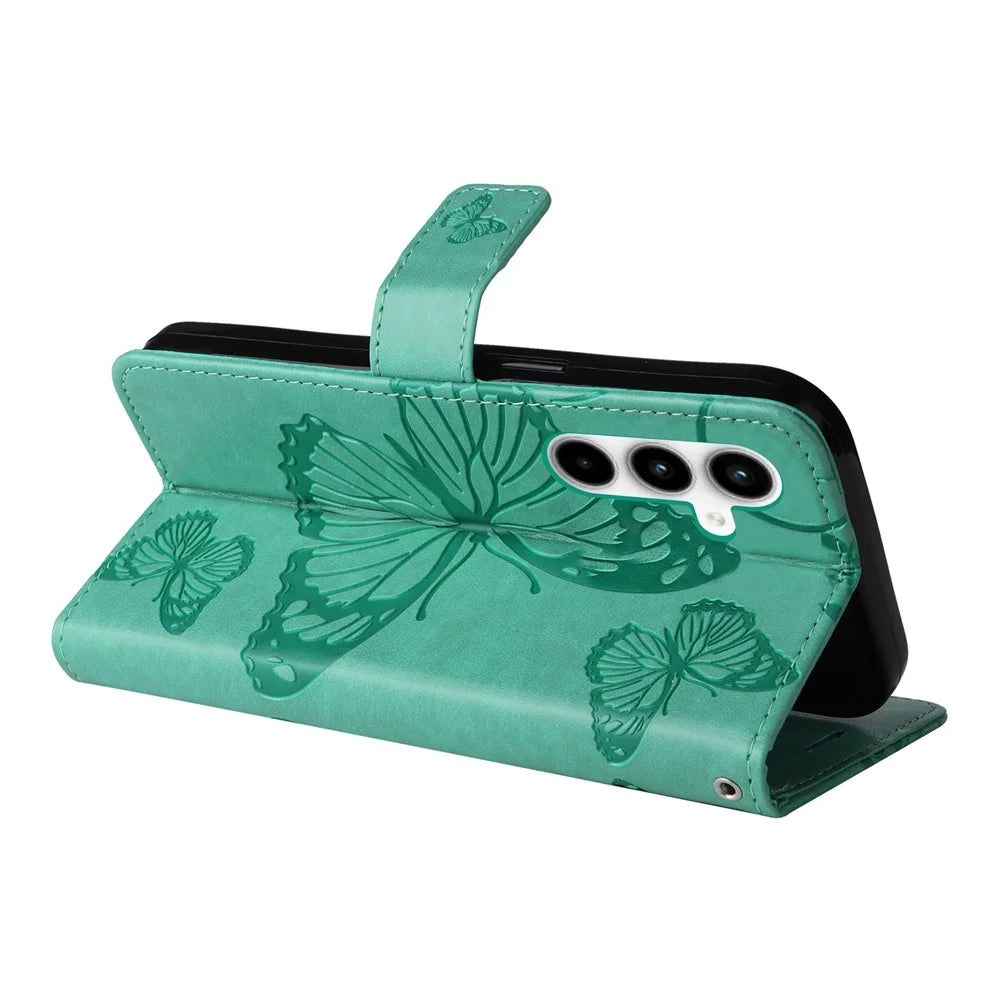 For Samsung Galaxy A35 5G Wallet Case Floral Butterfly Imprinted Leather Phone Cover Stand - Green - 3