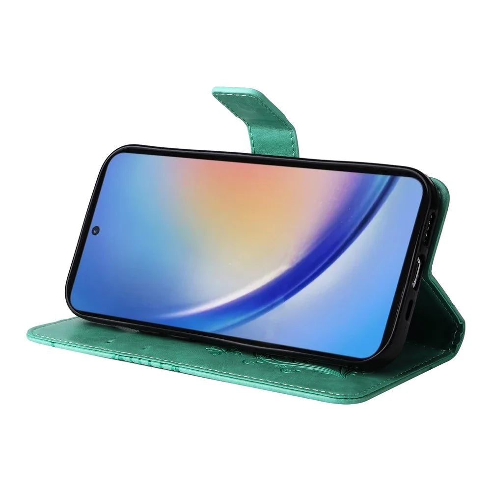 For Samsung Galaxy A35 5G Wallet Case Floral Butterfly Imprinted Leather Phone Cover Stand - Green - 4