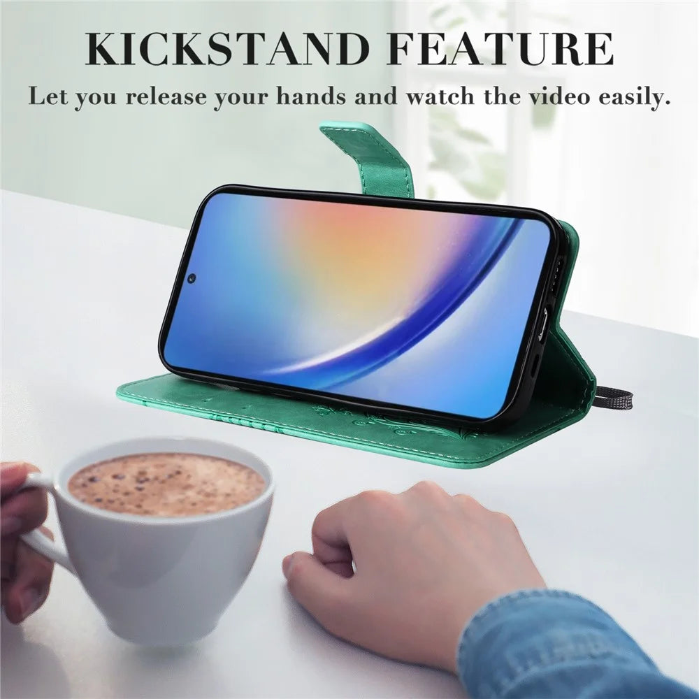 For Samsung Galaxy A35 5G Wallet Case Floral Butterfly Imprinted Leather Phone Cover Stand - Green - 5