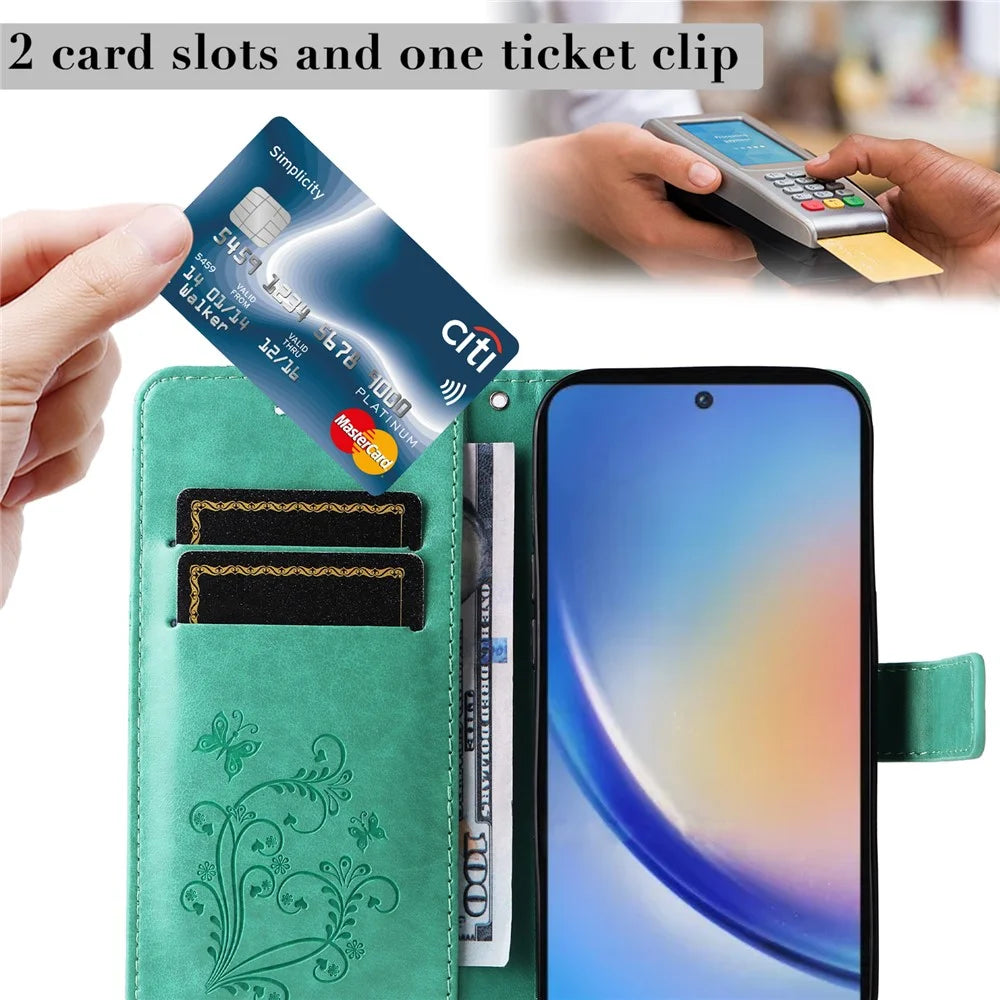 For Samsung Galaxy A35 5G Wallet Case Floral Butterfly Imprinted Leather Phone Cover Stand - Green - 6