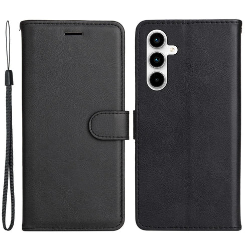 For Samsung Galaxy A35 5G Case Solid Color Leather Mobile Cover Wallet Stand with Strap - Black - 1