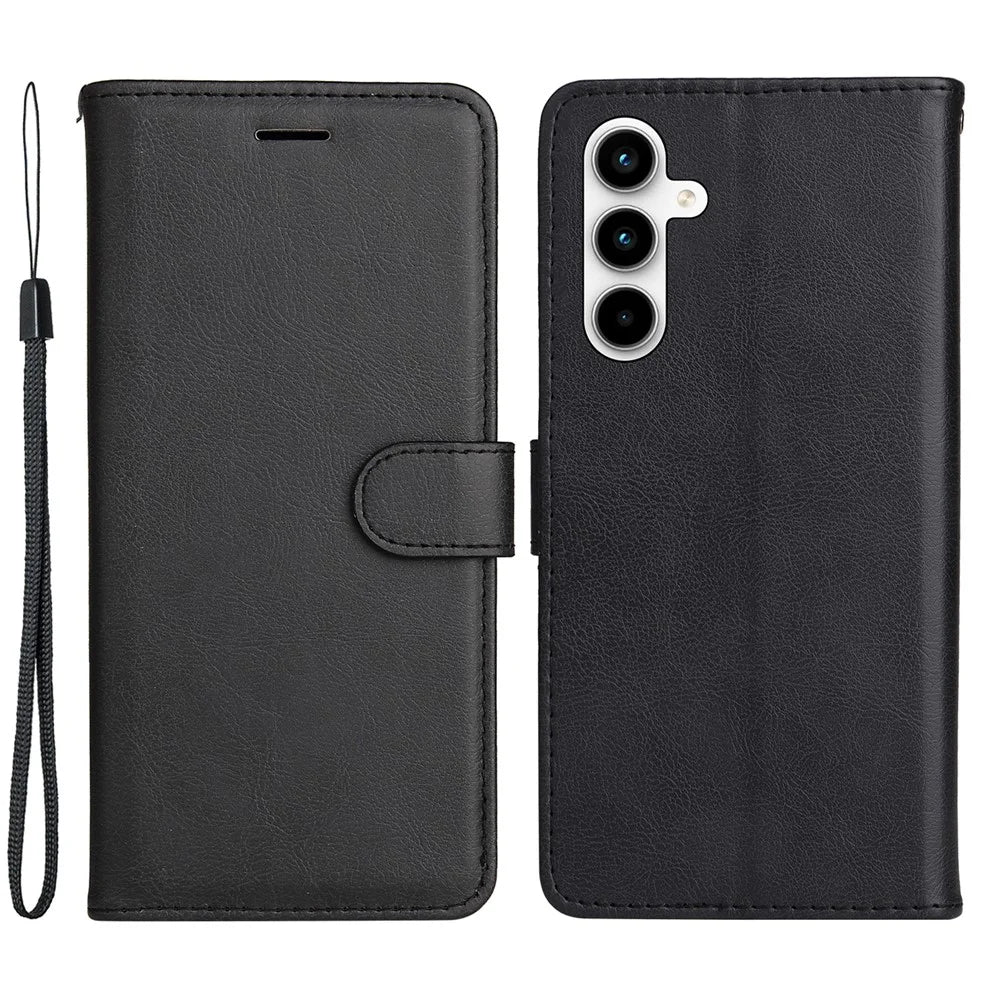 For Samsung Galaxy A35 5G Case Solid Color Leather Mobile Cover Wallet Stand with Strap - Black - 1