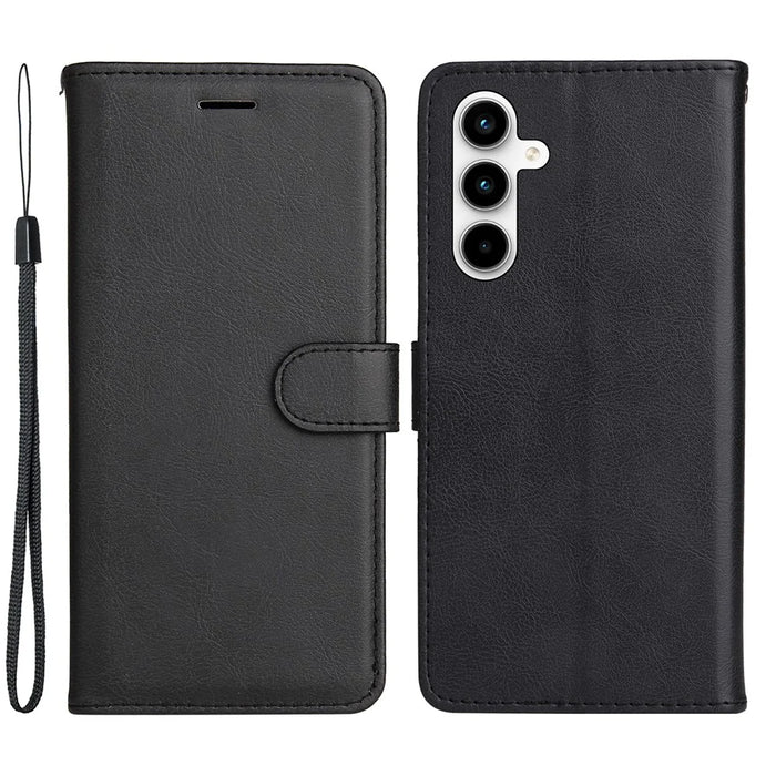 For Samsung Galaxy A35 5G Case Solid Color Leather Mobile Cover Wallet Stand with Strap - Black - 1