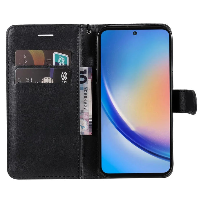 For Samsung Galaxy A35 5G Case Solid Color Leather Mobile Cover Wallet Stand with Strap - Black - 2