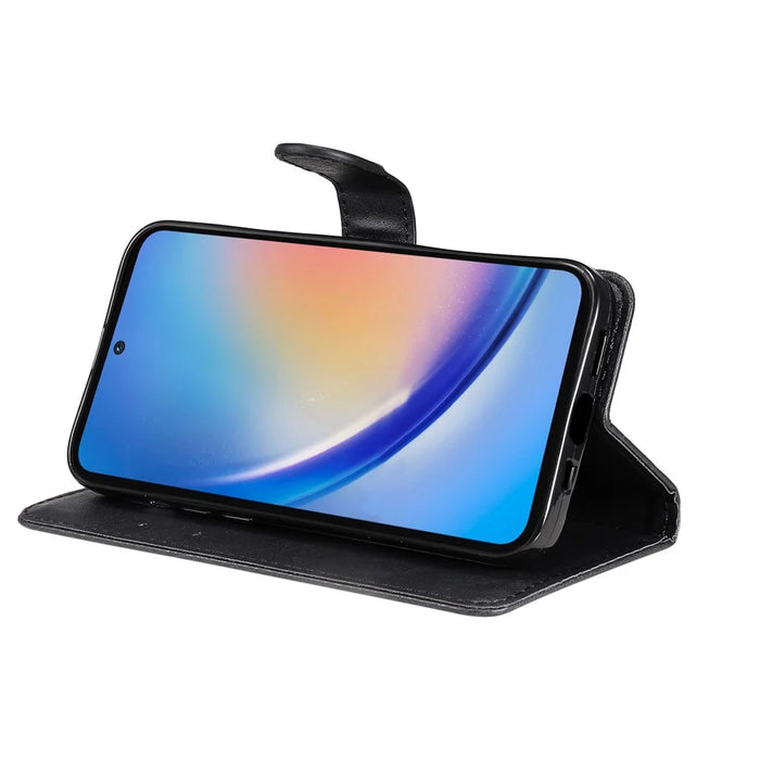 For Samsung Galaxy A35 5G Case Solid Color Leather Mobile Cover Wallet Stand with Strap - Black - 4